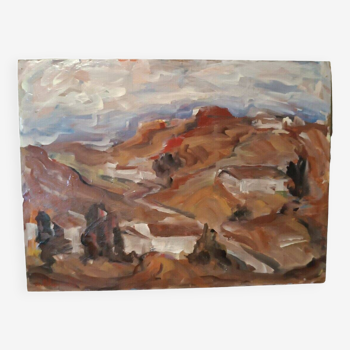 Peinture à l'huile sur panneau isorel paysage giorgio polykratis (1931) signé daté 1973