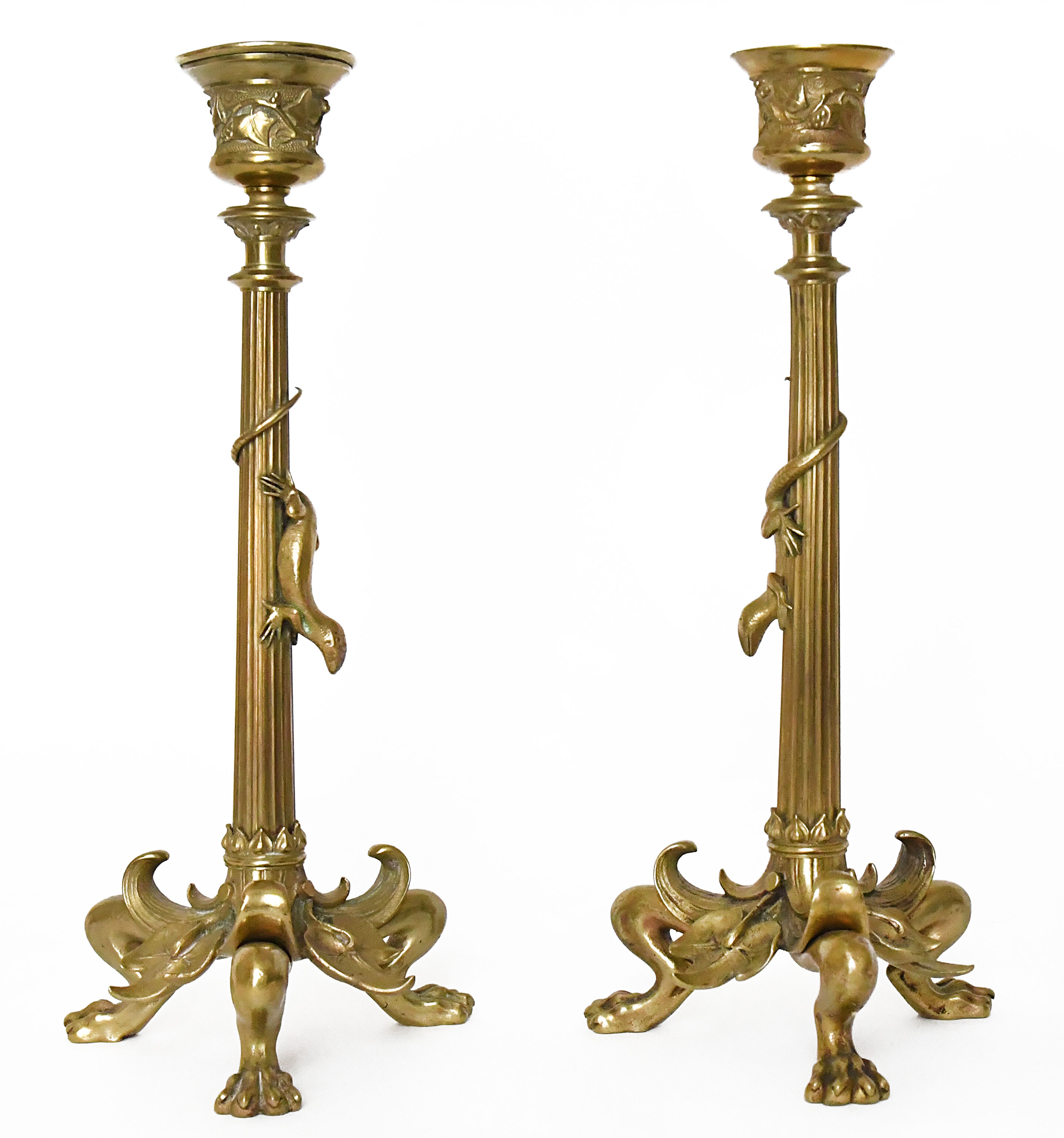 Pair of gilded bronze candlesticks decorated with lizards
