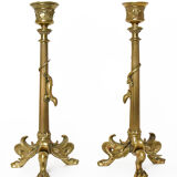 Pair of gilded bronze candlesticks decorated with lizards