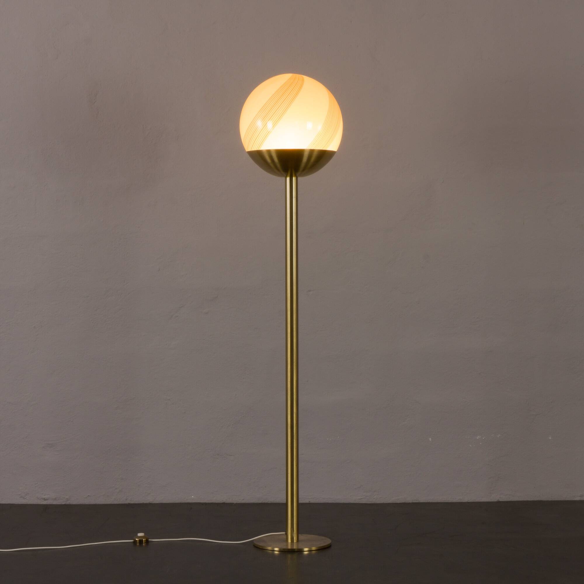 Venini Italian brass floor lamp with Murano swirl globe, Italy 1970s