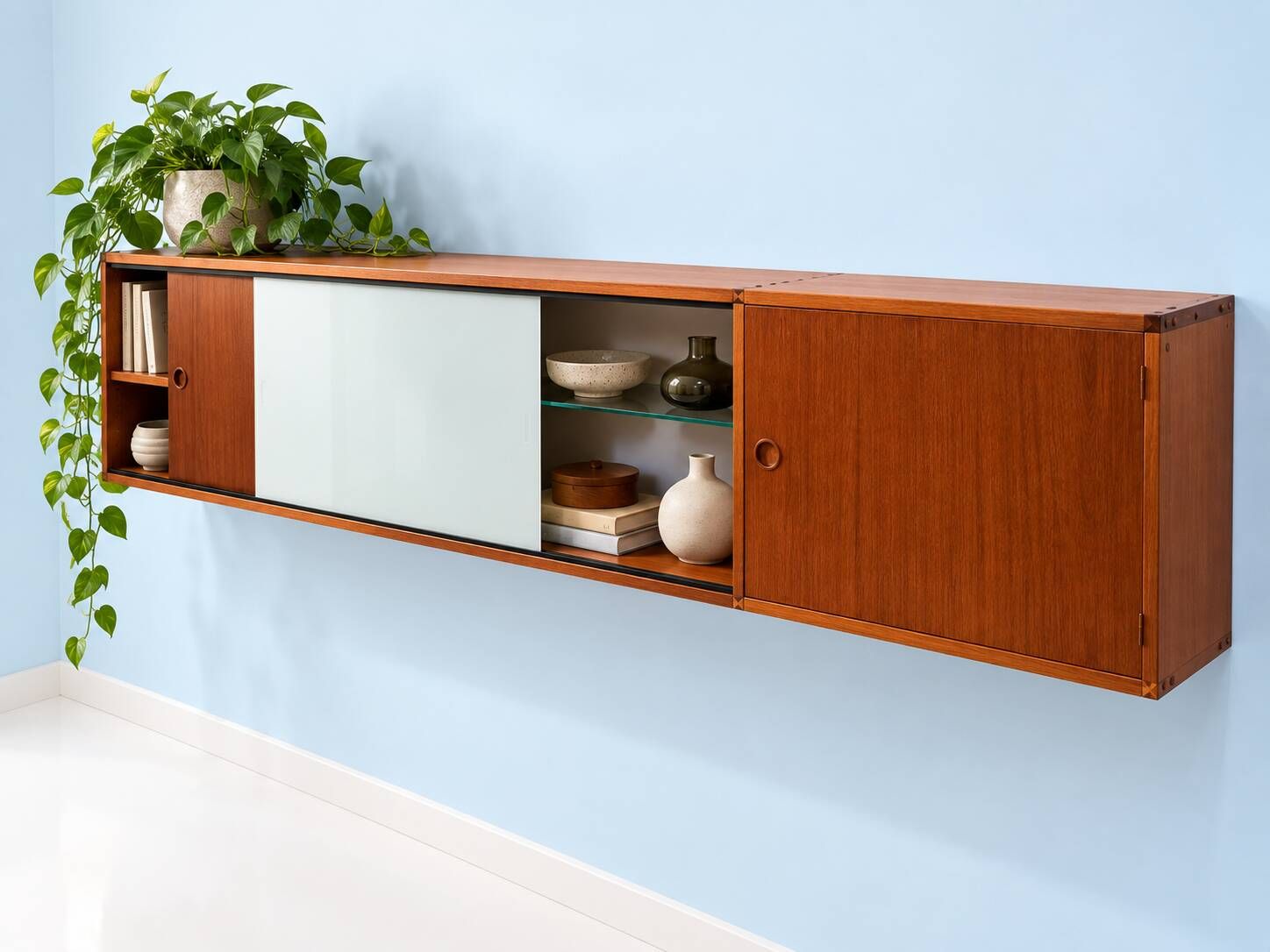 A.R.P. – Wall-mounted furniture in teak and opaline glass, 1950s