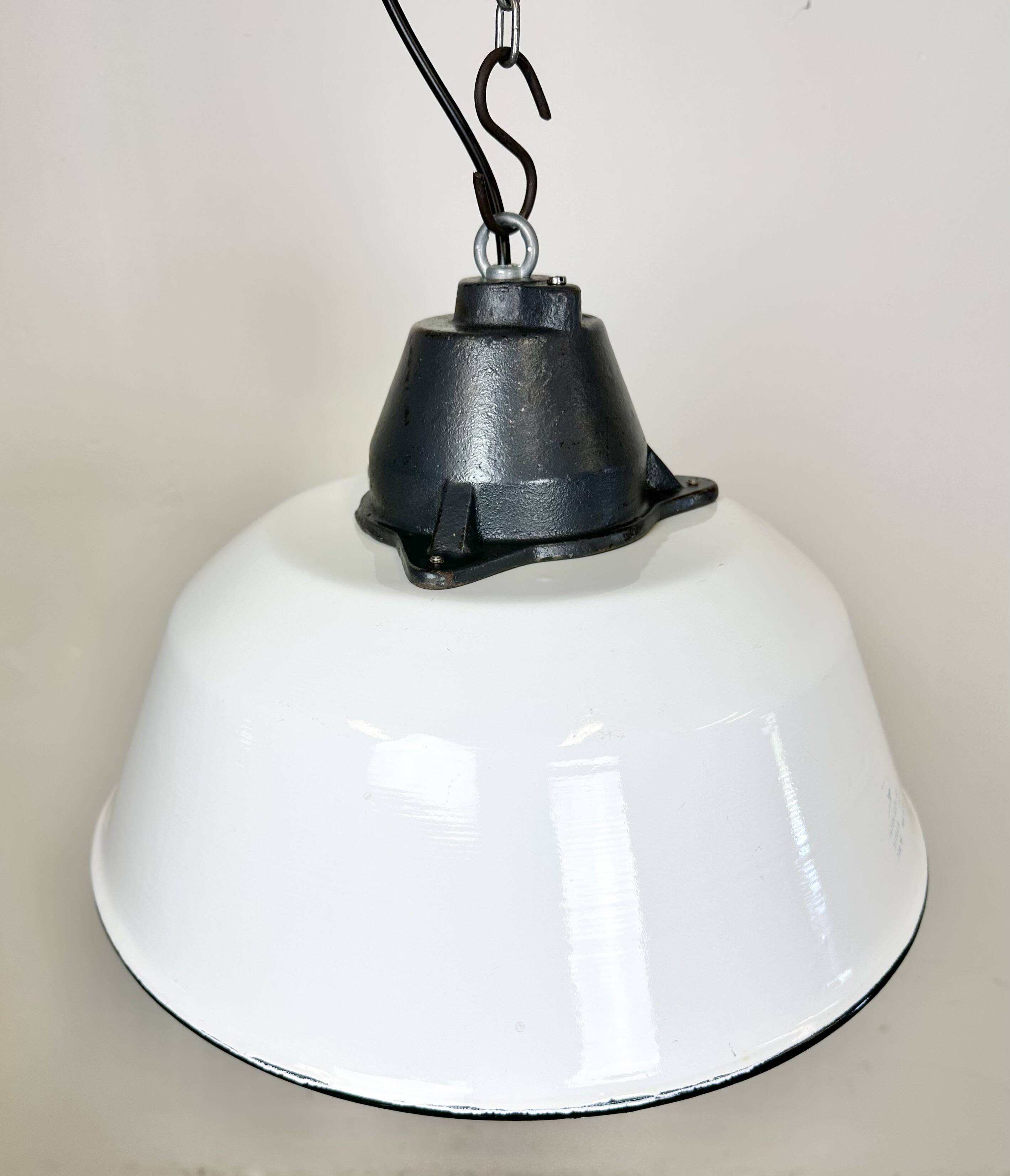 White enamel and cast iron industrial pendant light with glass cover, 1960s