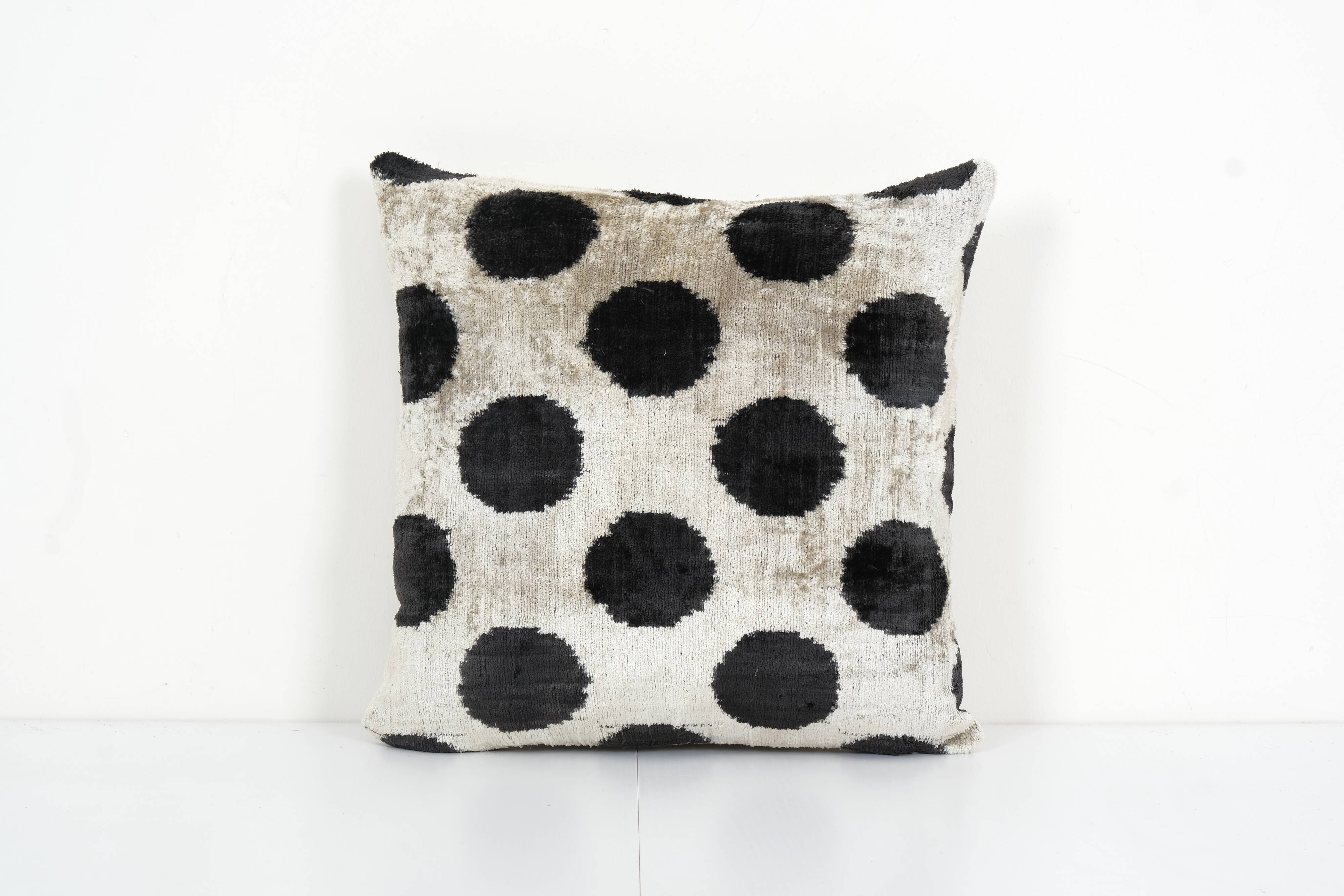 Black Silk Ikat Velvet Pillow Cover, Pair Polka Dot Ikat Lumbar Cushion Cover, Decorative Pillowcase