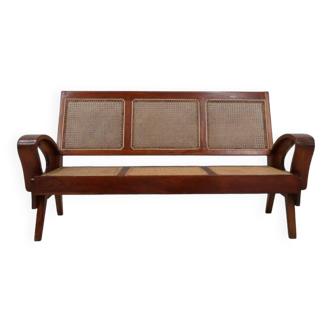 Canapé / banquette vintage 3 places en bois de teck et Vienne 1950