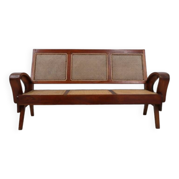 Canapé / banquette vintage 3 places en bois de teck et Vienne 1950