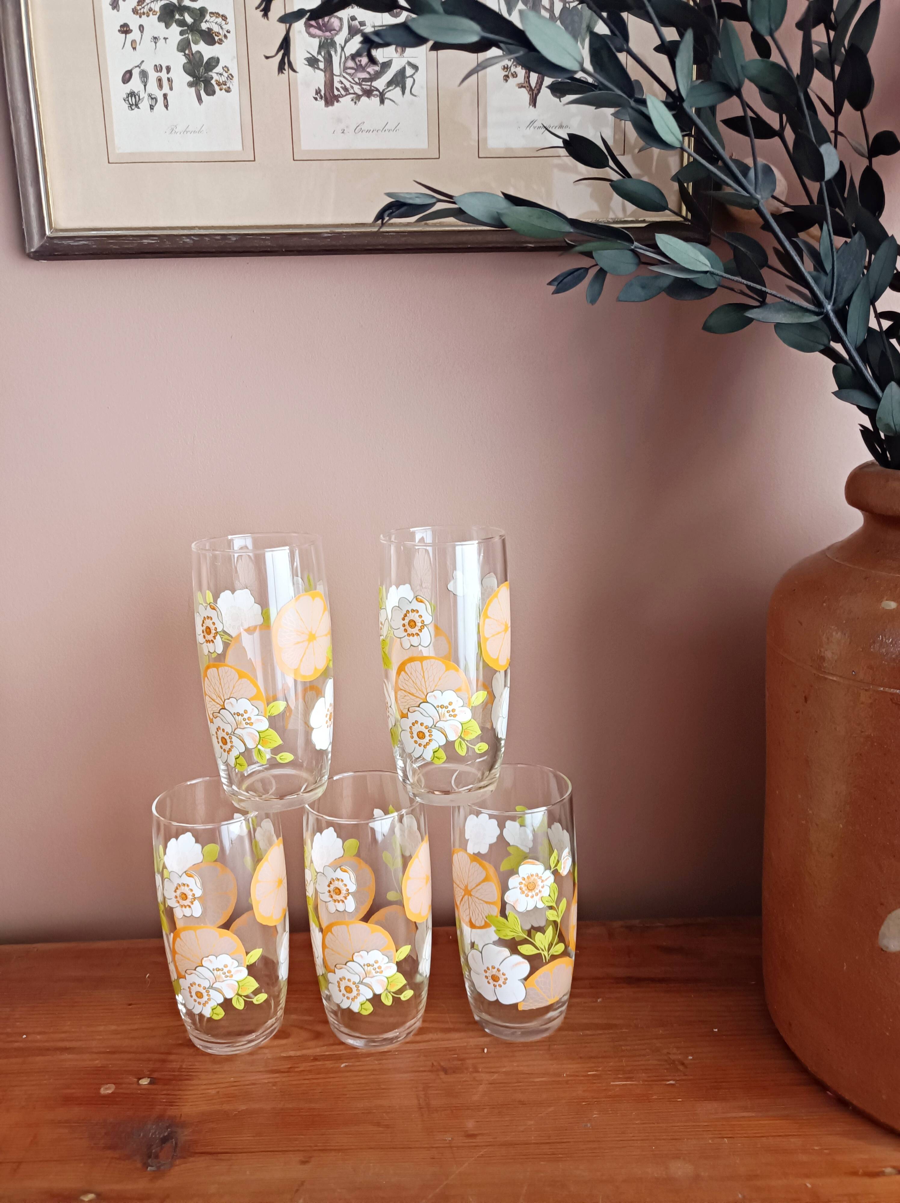 Set of 5 floral orangeade glasses