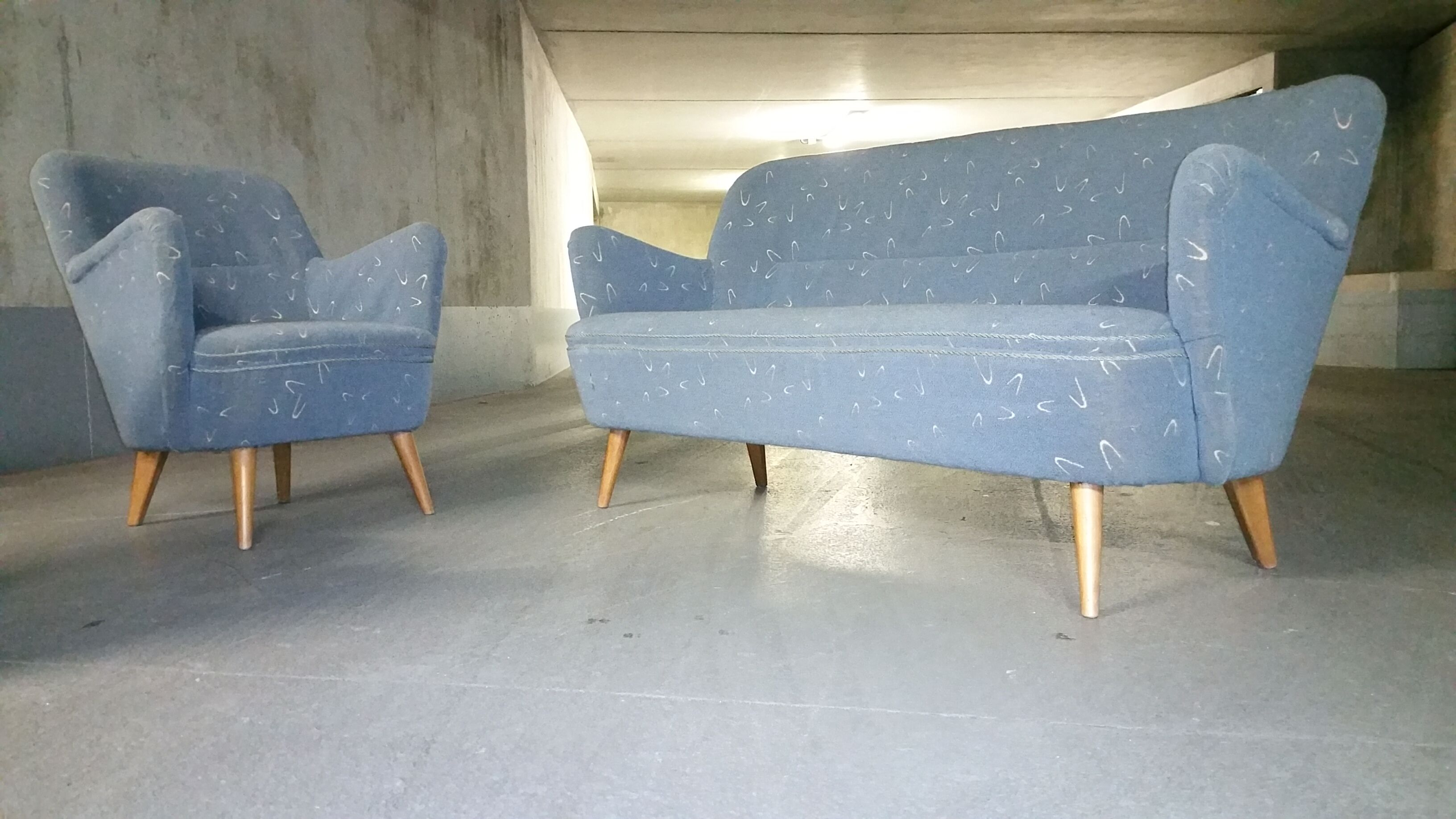 Set sofa and 2 armchairs vintage 50/60s organic fabrics vintage original