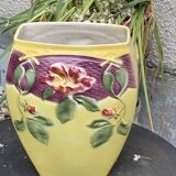Yellow glazed ceramic slip vase with hawthorn pink flower motif