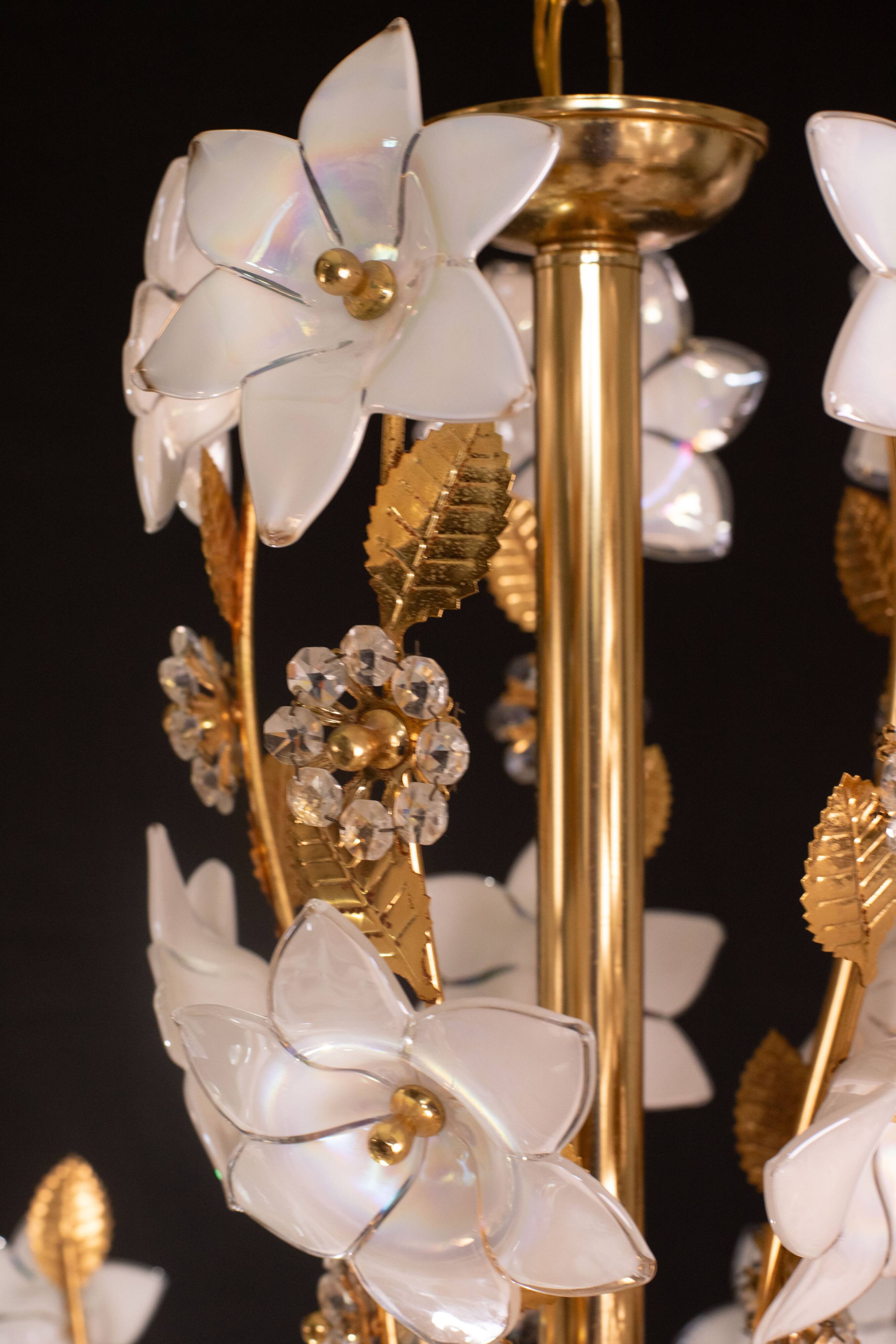 Large Size Vintage Murano Glass Chandelier White Flowers, 1970