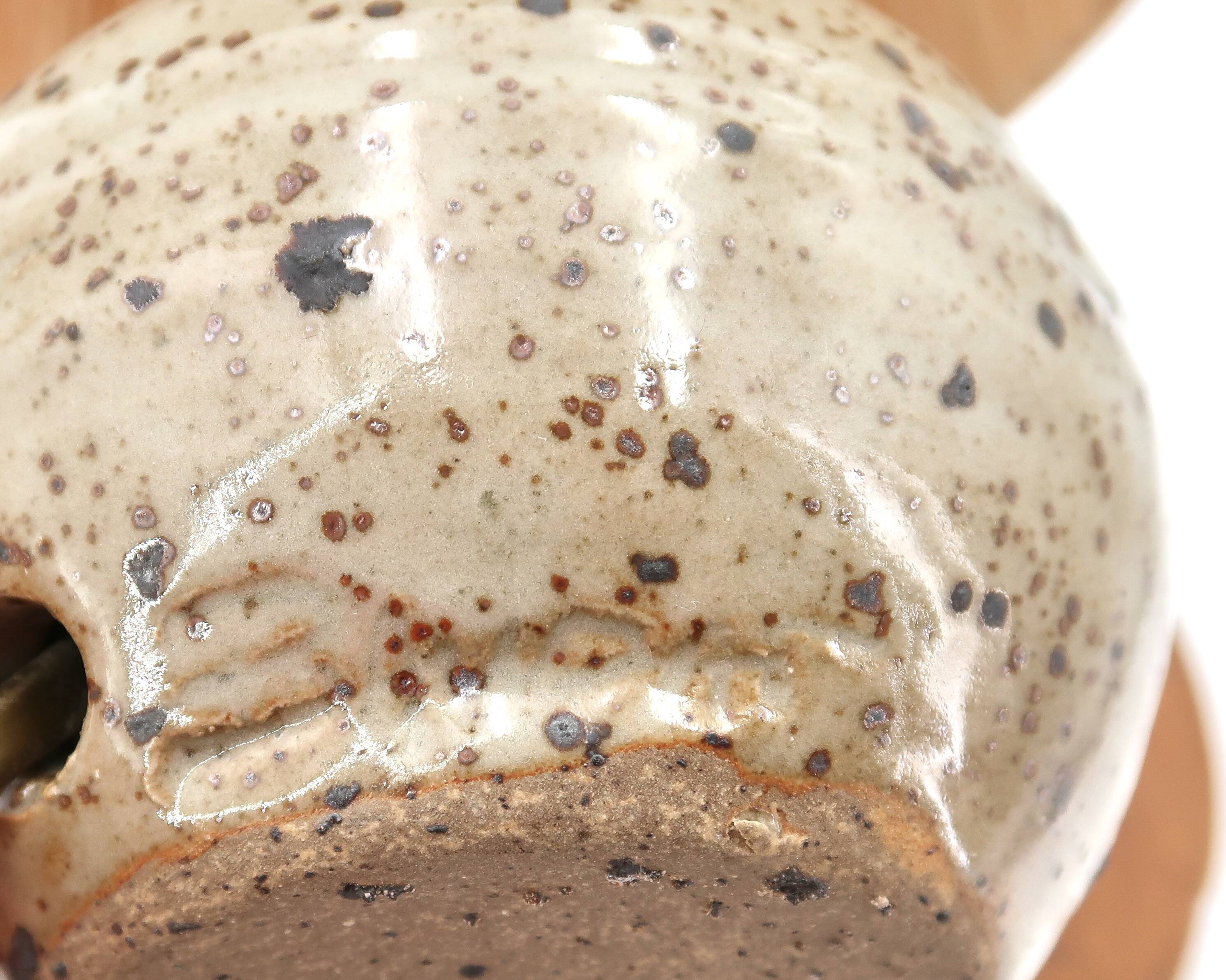 Guy Baudat stoneware ceramic ball lamp, raffia lampshade, 1970s