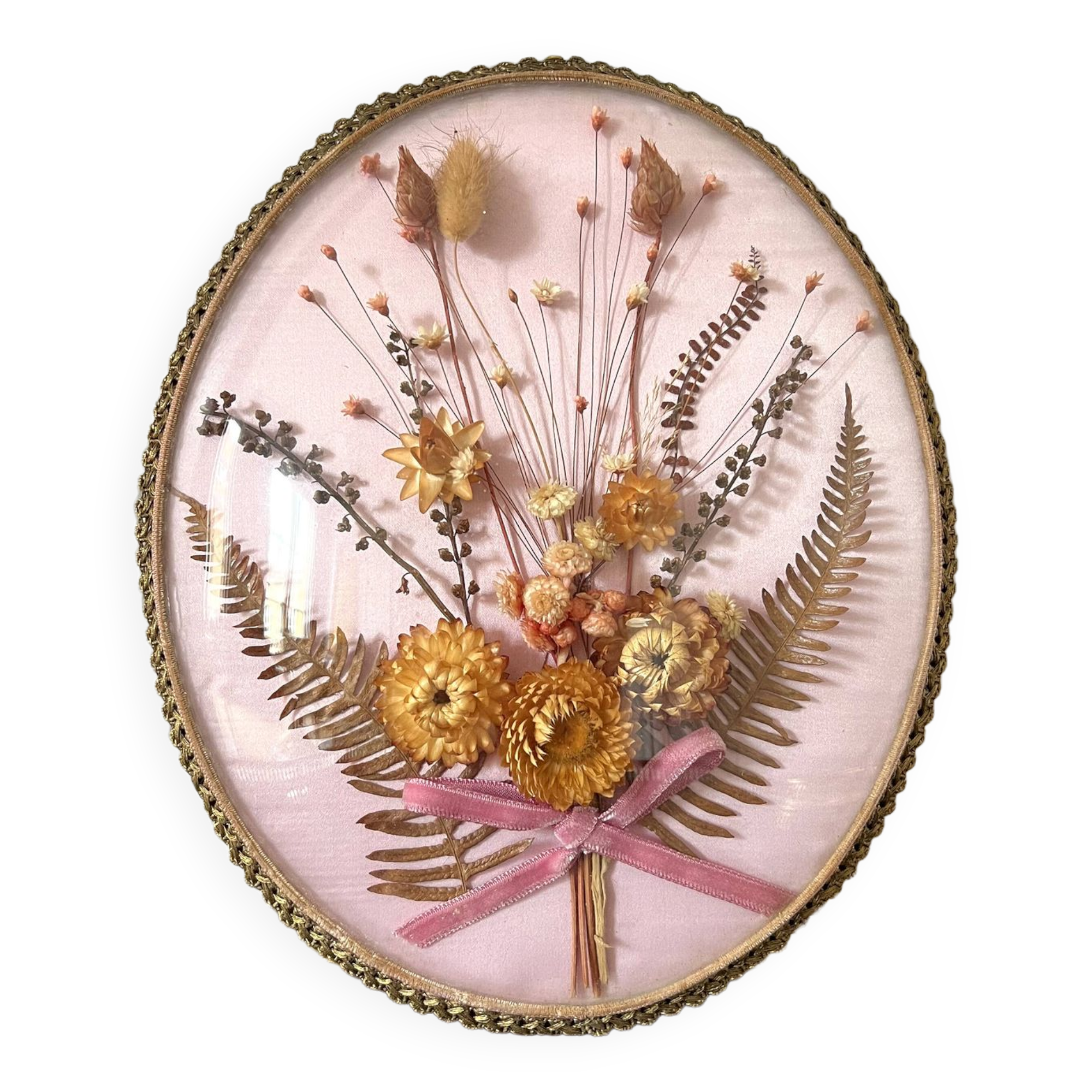 Cadre vintage fleurs séchées verre bombé bouquet éternel