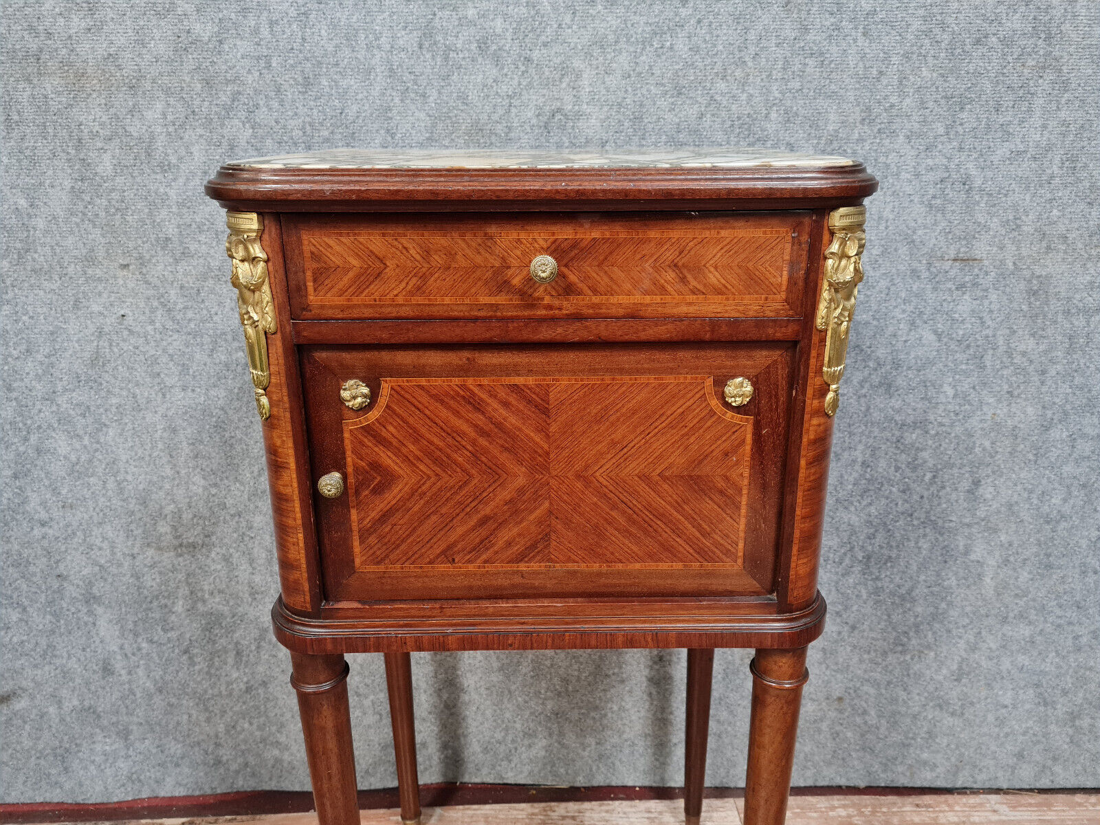 Louis XVI ceremonial bedside table in marquetry around 1880