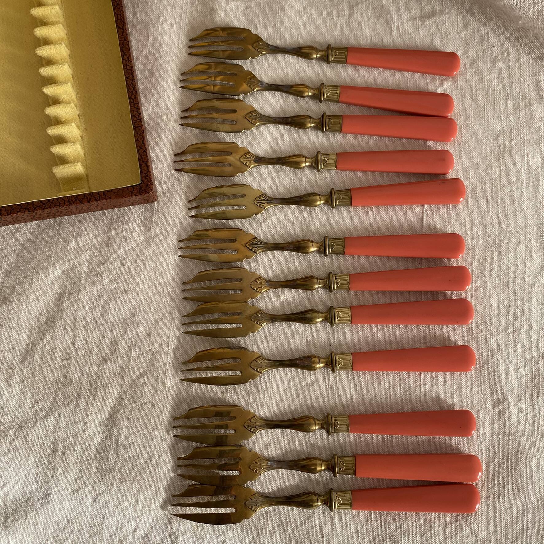 Set of 12 coral and gold dessert forks
