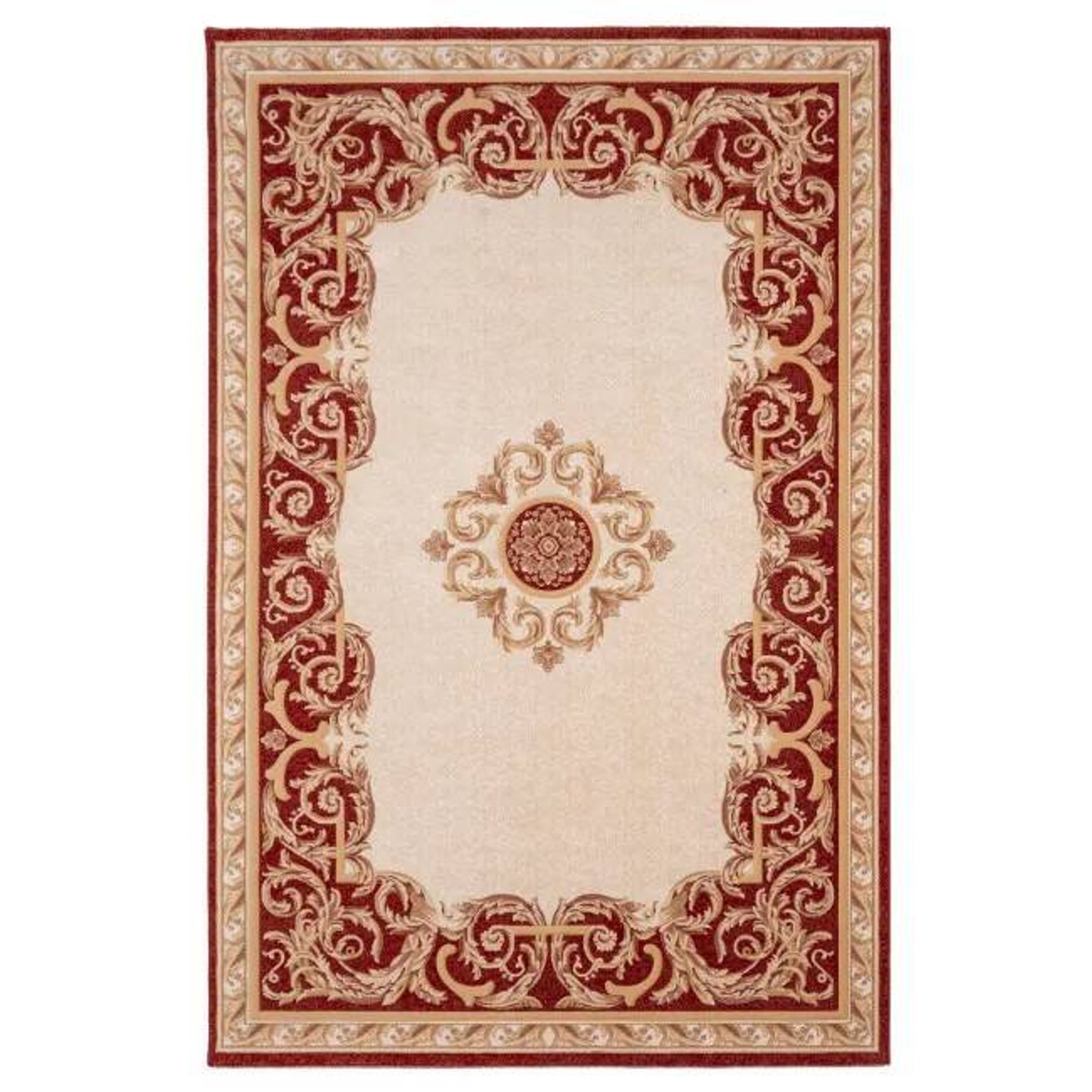Oriental patterned rug in red and beige aman.