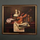 Oil on canvas still life with violin 20th century by A. Warner