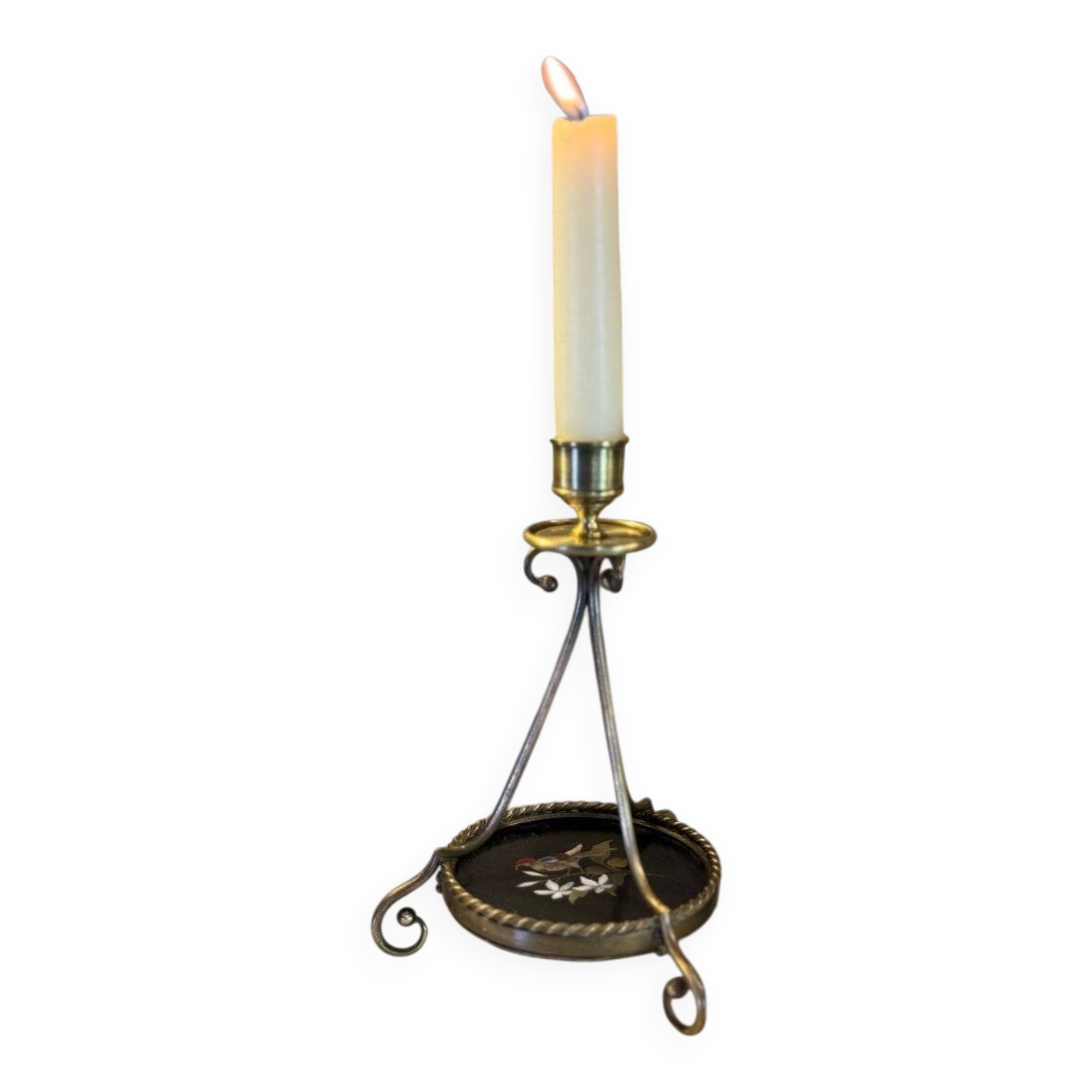 Pair of bronze candlesticks with pietra dura, marble marquetry, circa 1900.