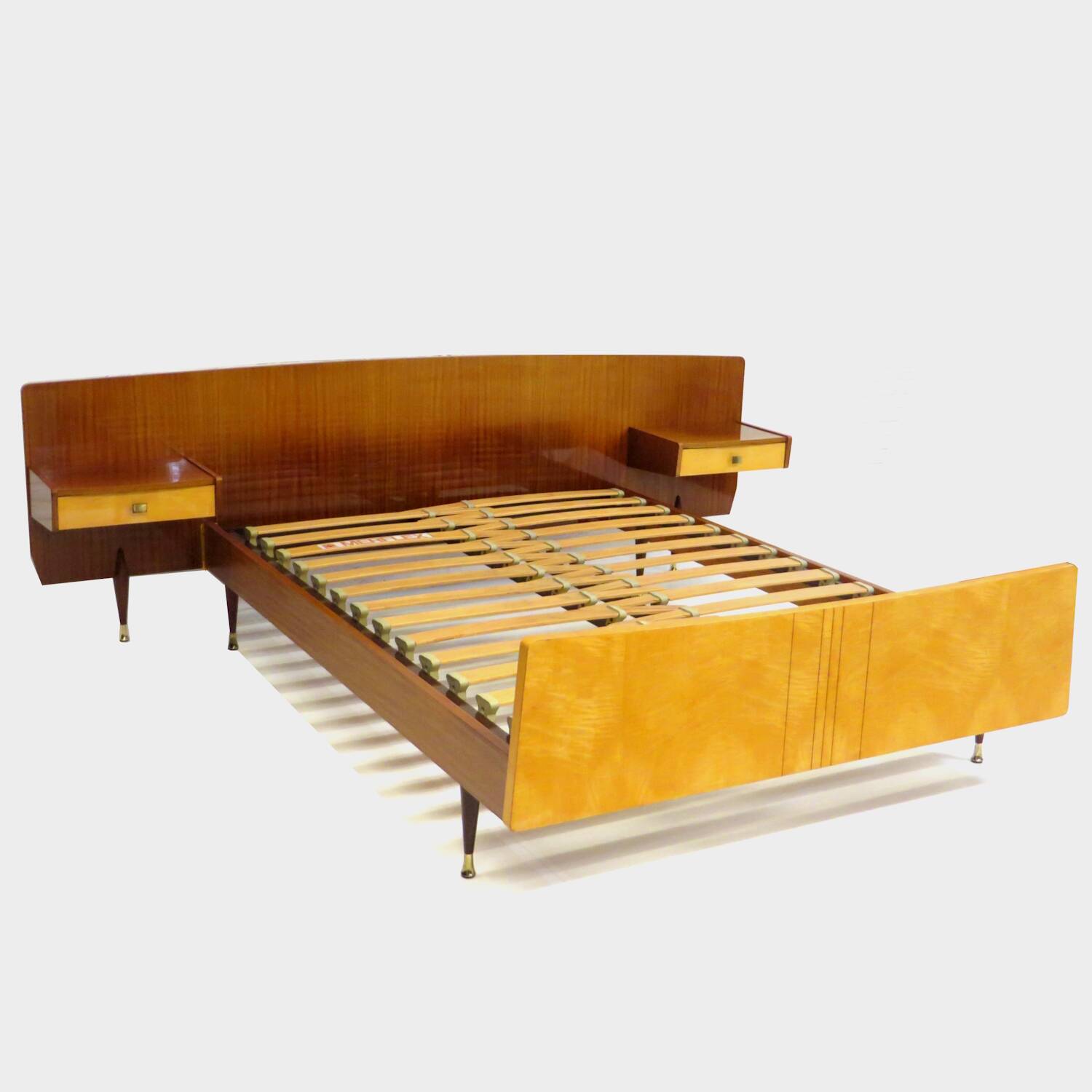 Mid century double bed bedroom set + floating nightstands in teak & maple