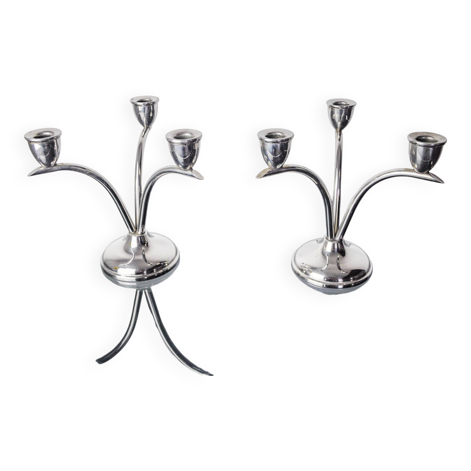 Pair of art deco stainless steel 3-flame candlesticks, Spain, 1970