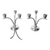Pair of art deco stainless steel 3-flame candlesticks, Spain, 1970