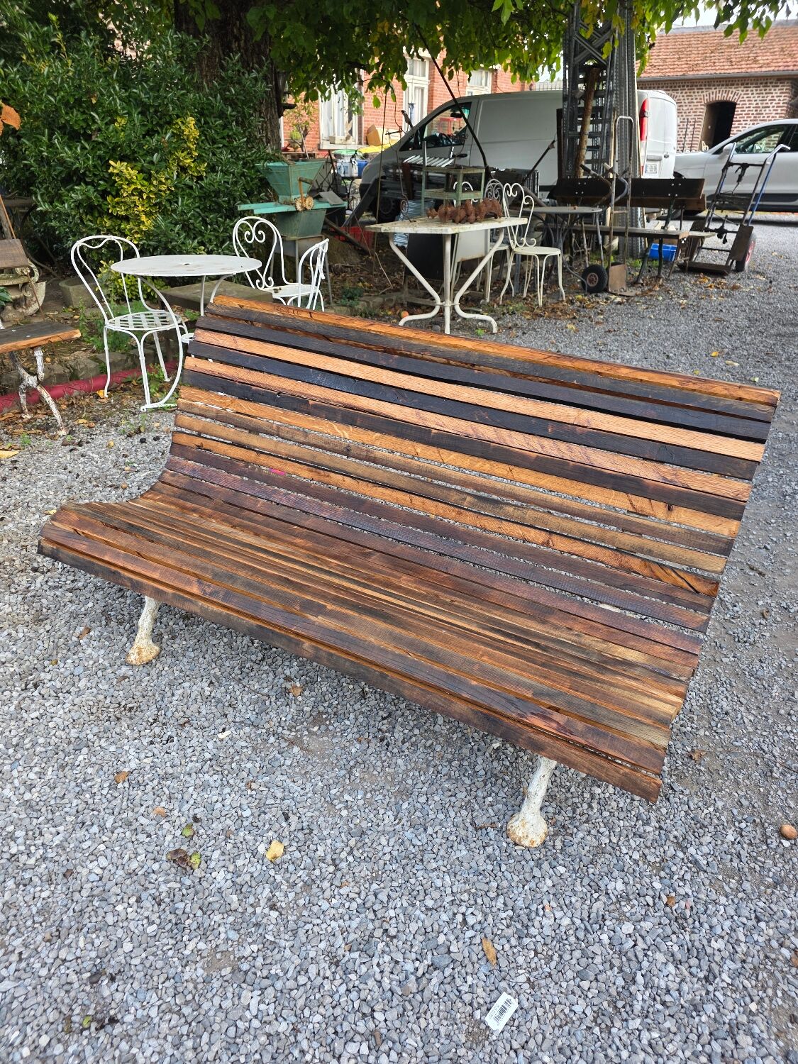 Cast iron and oak slatted garden bench