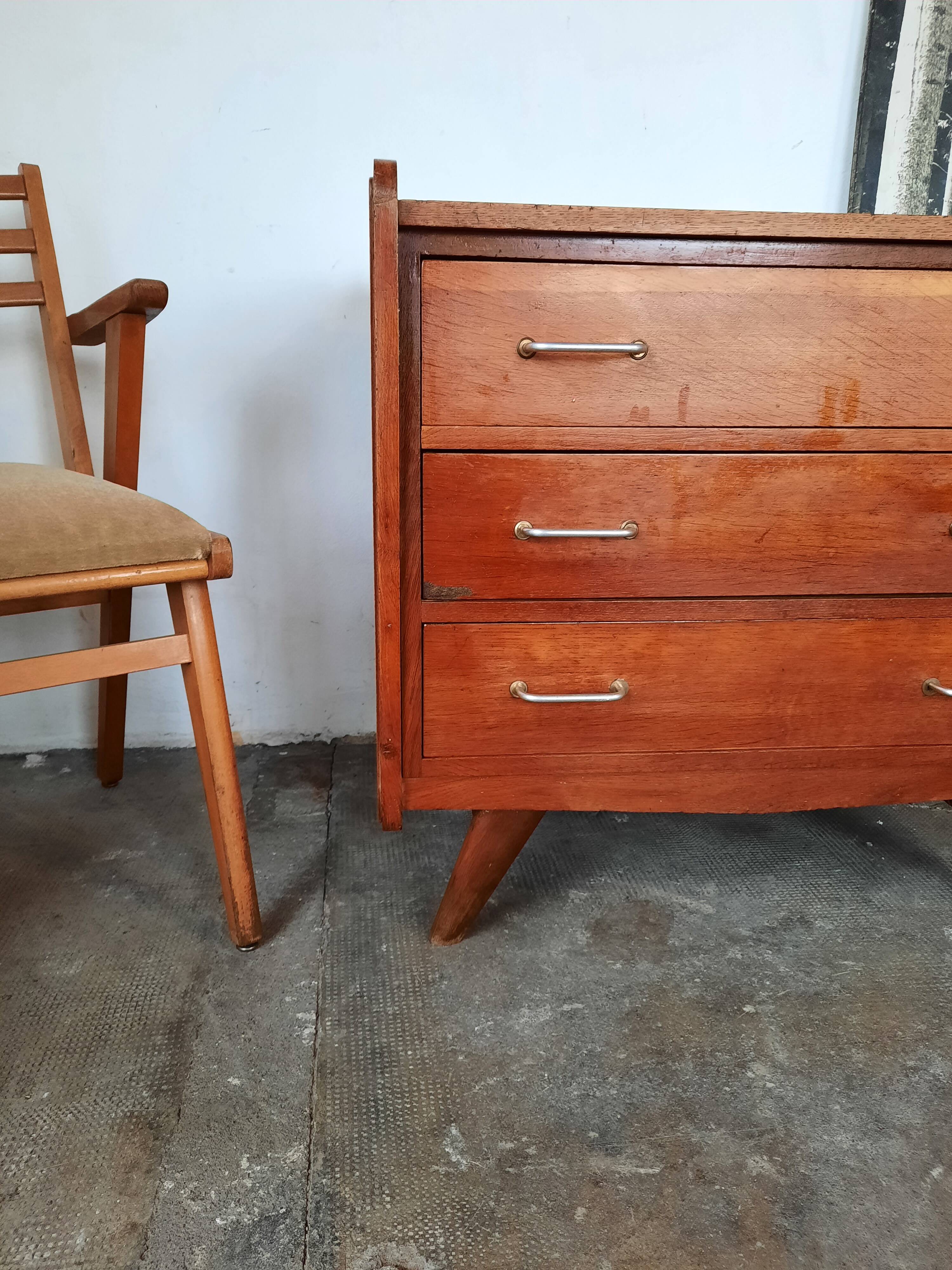 Oak chest of drawers with compass foot, vintage reconstruction
