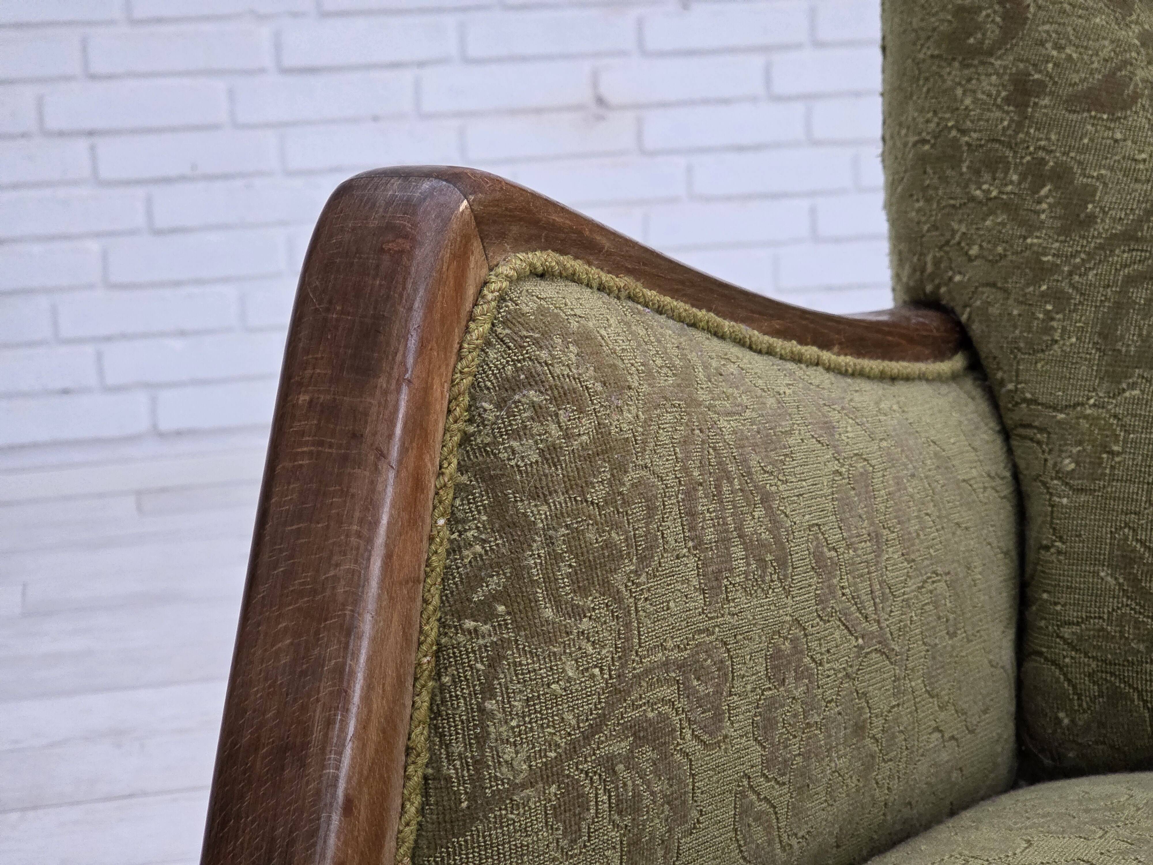 1960s, Danish 3-seater sofa, green furniture velour, ash wood legs.