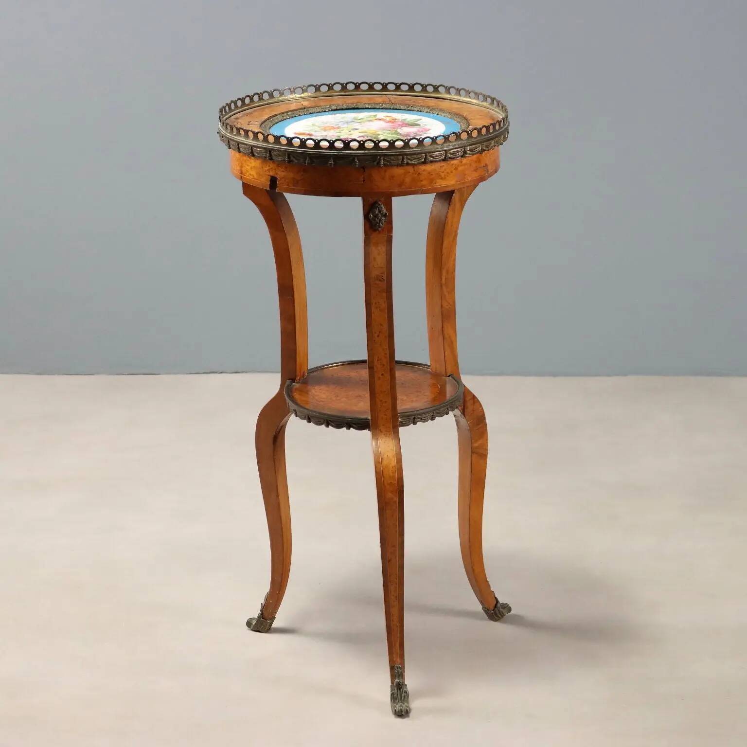 Antique walnut coffee table with painted ceramic insert, 20th century.