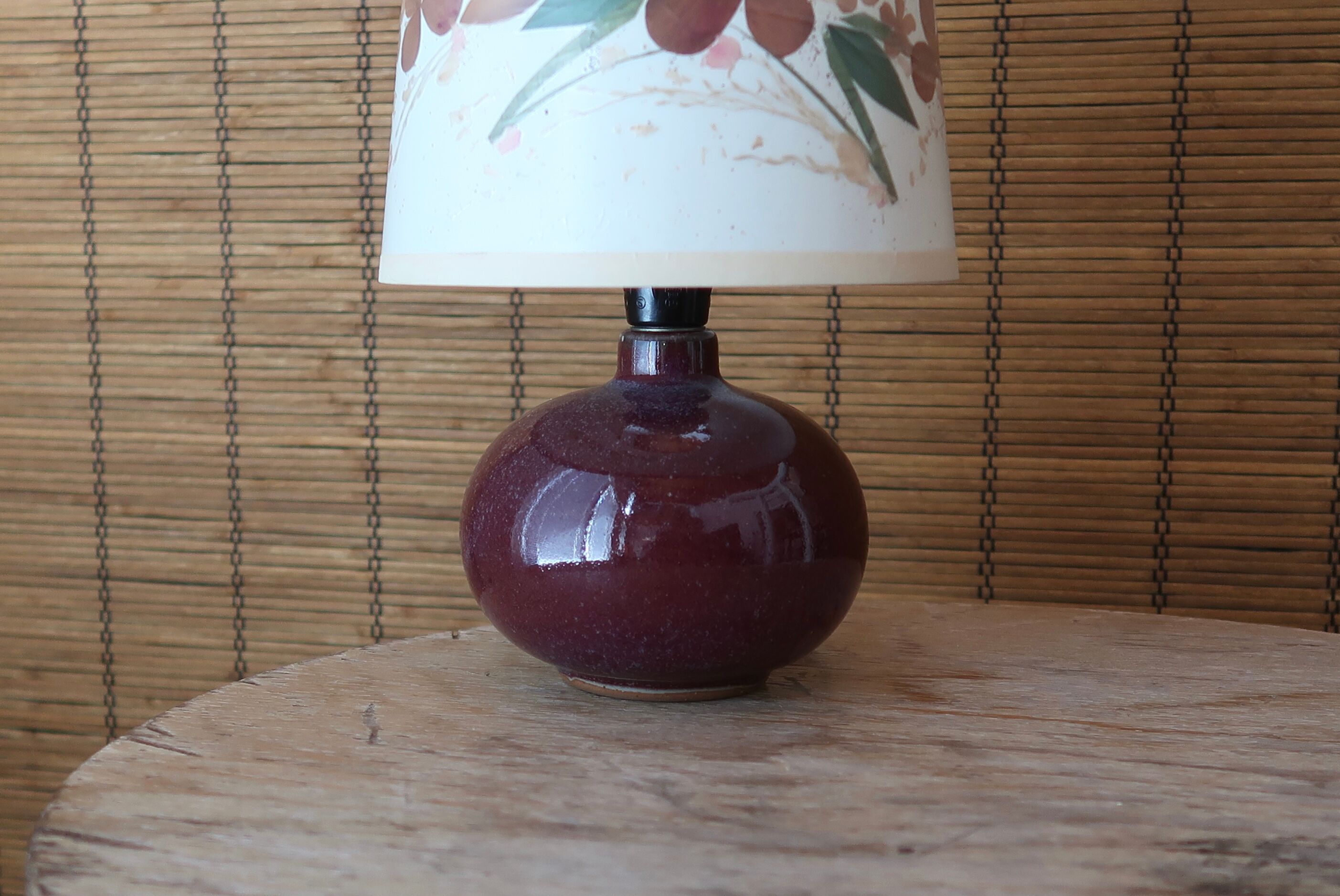 Purple pink ceramic lamp, herbarium-style lampshade, 60s