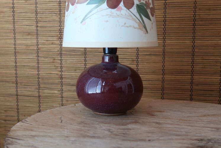 Lampe en céramique rose violette, abat-jour façon herbier, années 60