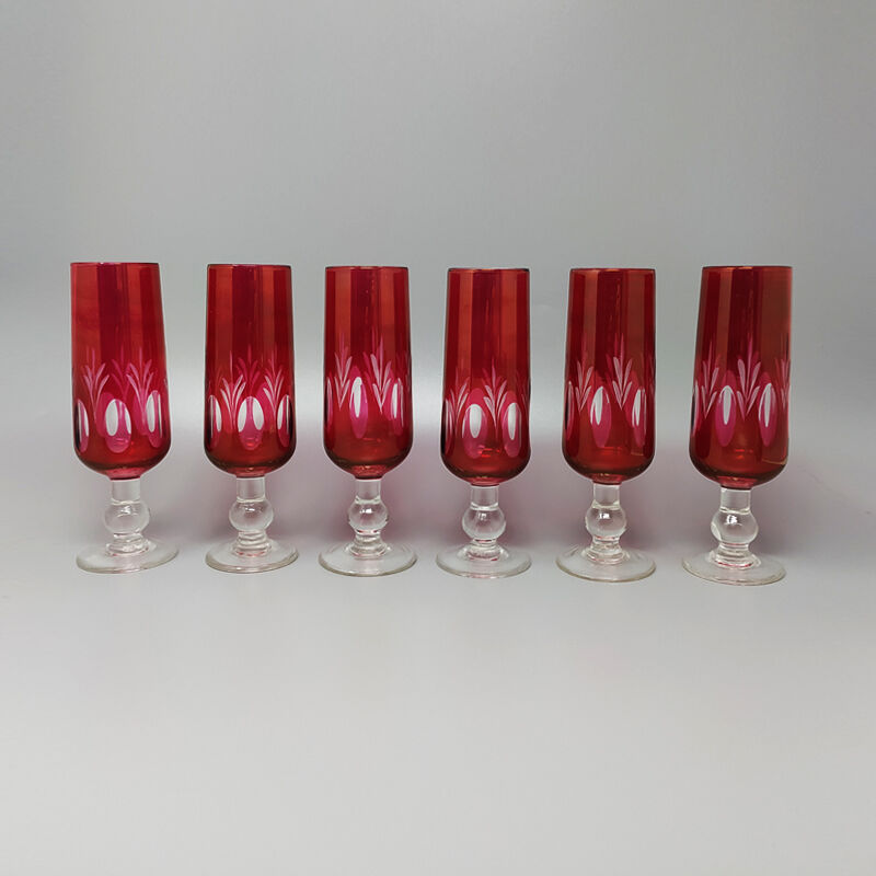 Set of six red bohemian cut crystal glasses 1960