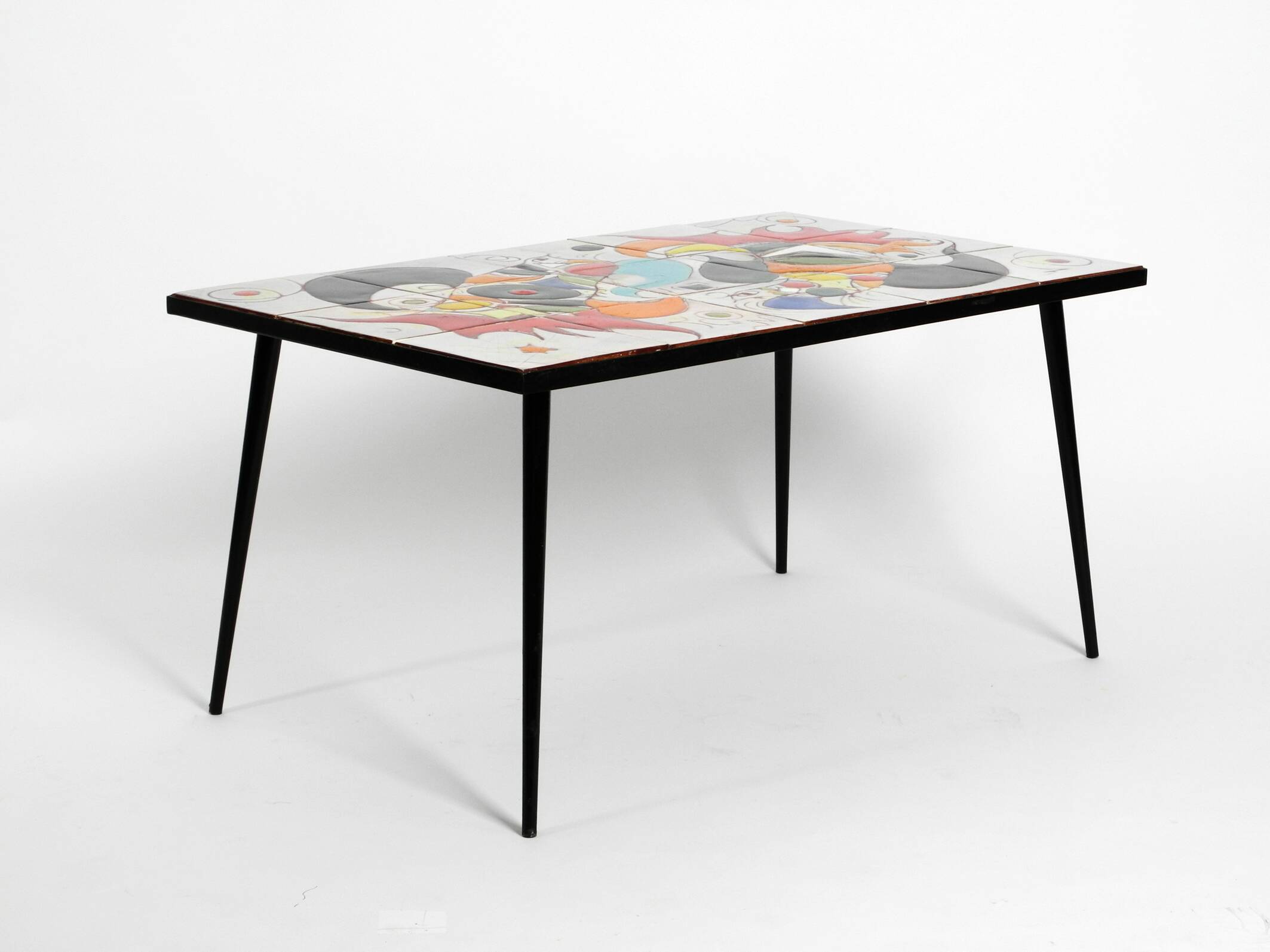 Mid Century Italian Modern Iron Table with Tiled Top and Abstract Motif
