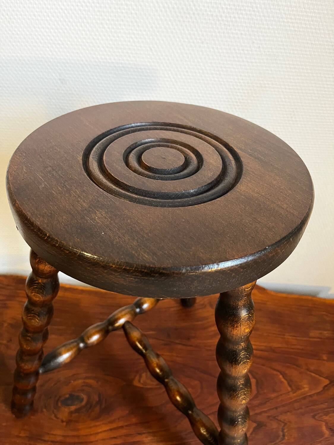 Tripod stool, turned wooden plant holder