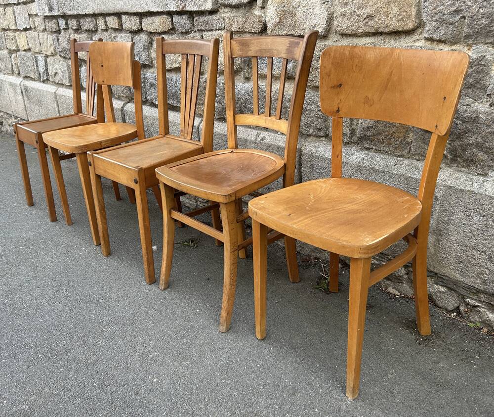 Set of 5 mismatched vintage blond wood bistro chairs