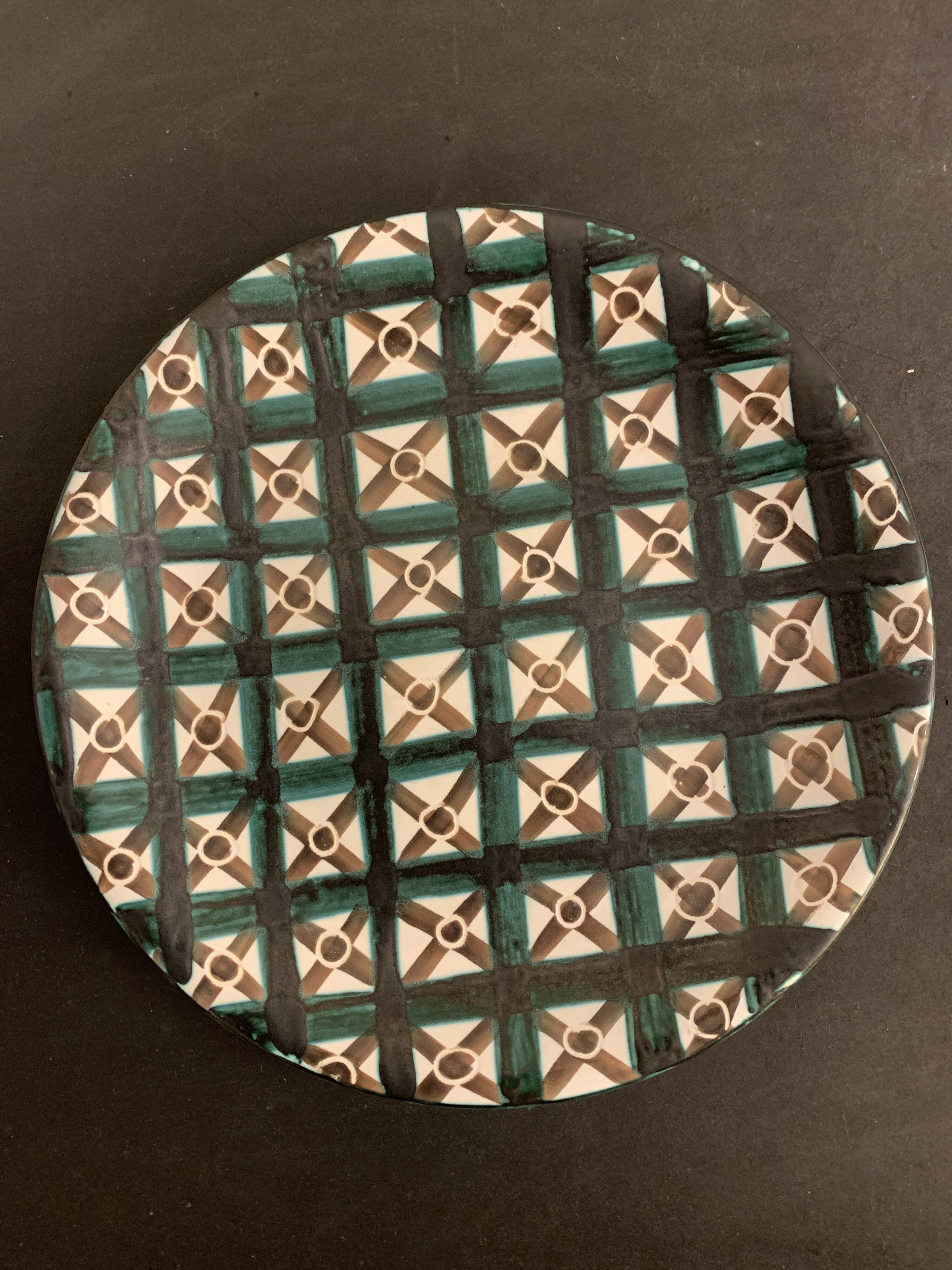 Flat glazed ceramic plate by Robert Picault, Vallauris 1960