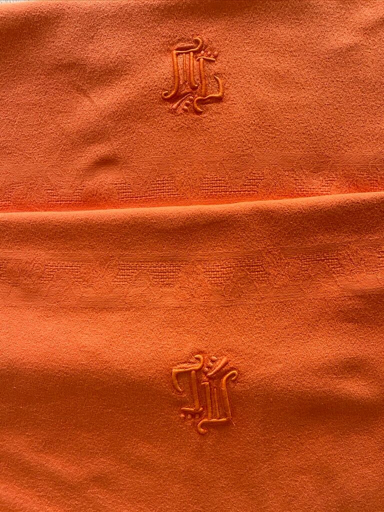 Old tablecloth & its 10 tinted and embroidered napkins "the ML mandarin" orange - cotton - 150x200