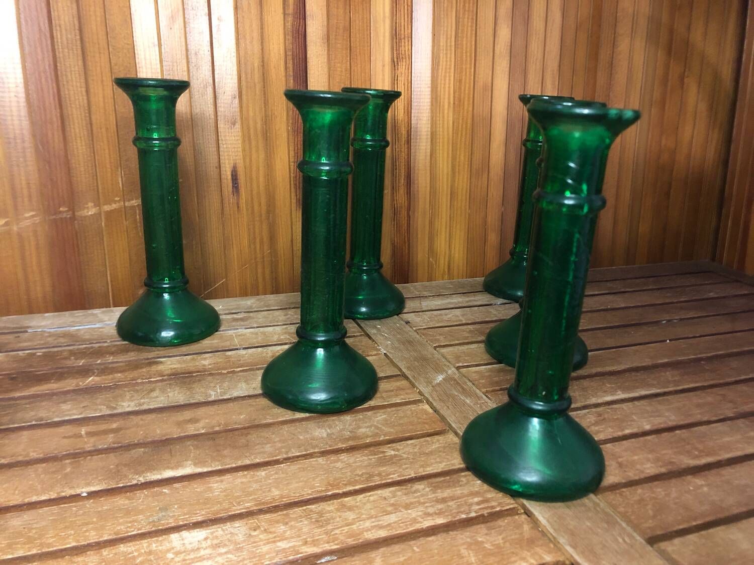 Series of 6 old vintage green bubble molded glass candlesticks #a529