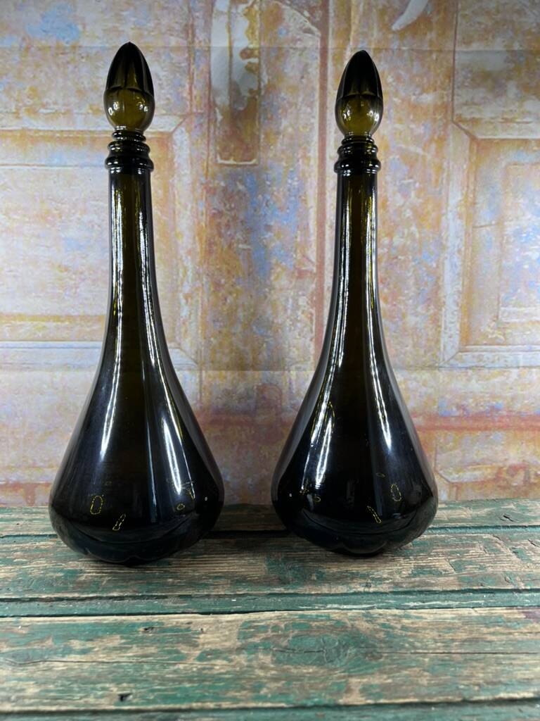 Pair of vintage tinted glass carafes – elegant silhouette – May spirit