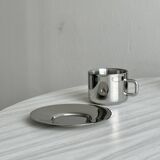 Set of 4 stainless steel coffee cups with saucers