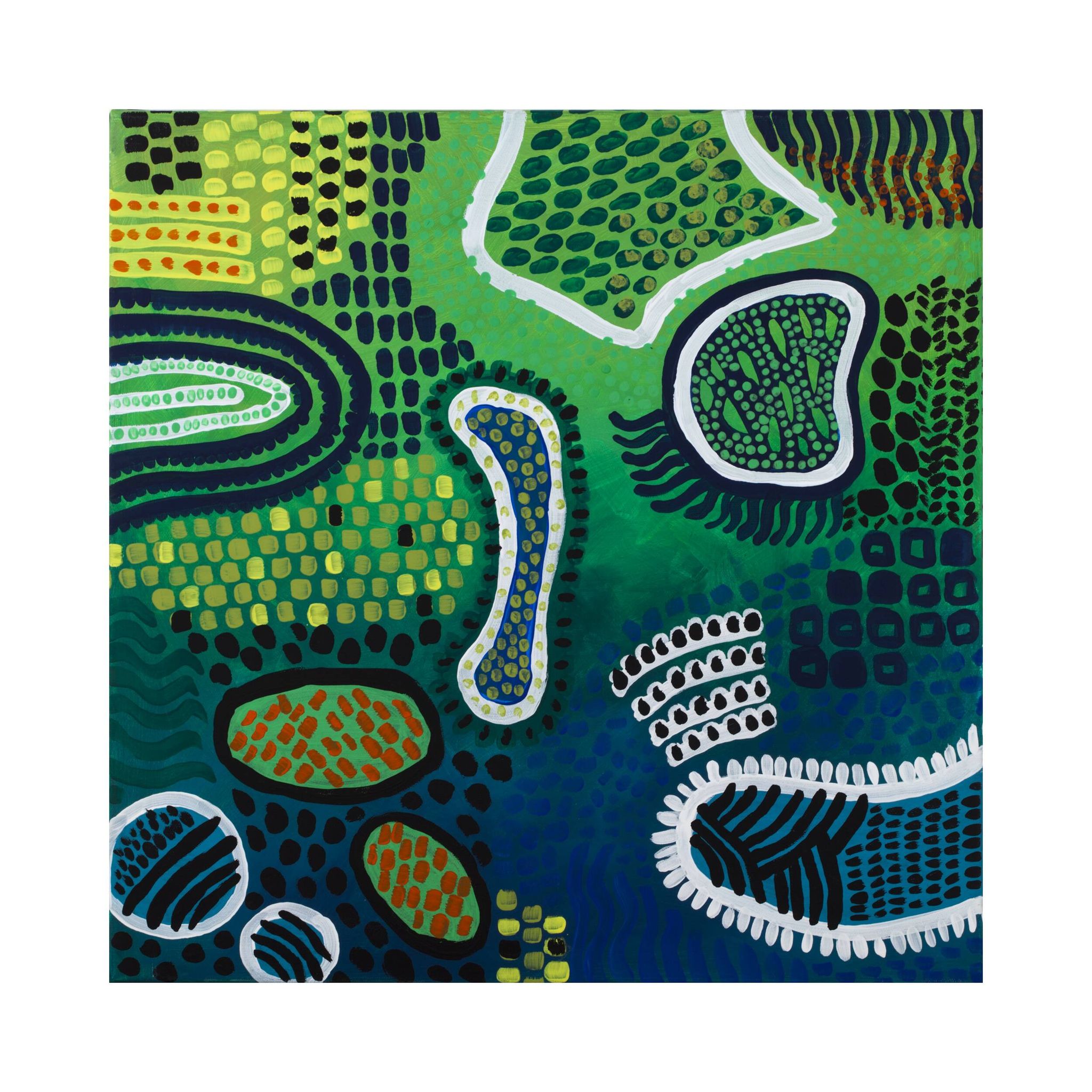 Peinture abstraite moderne verte, jaune, bleue et blanche avec techniques mixtes