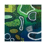 Modern abstract green, yellow, blue and white mixed media painting