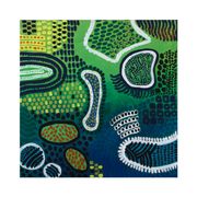 Peinture abstraite moderne verte, jaune, bleue et blanche avec techniques mixtes