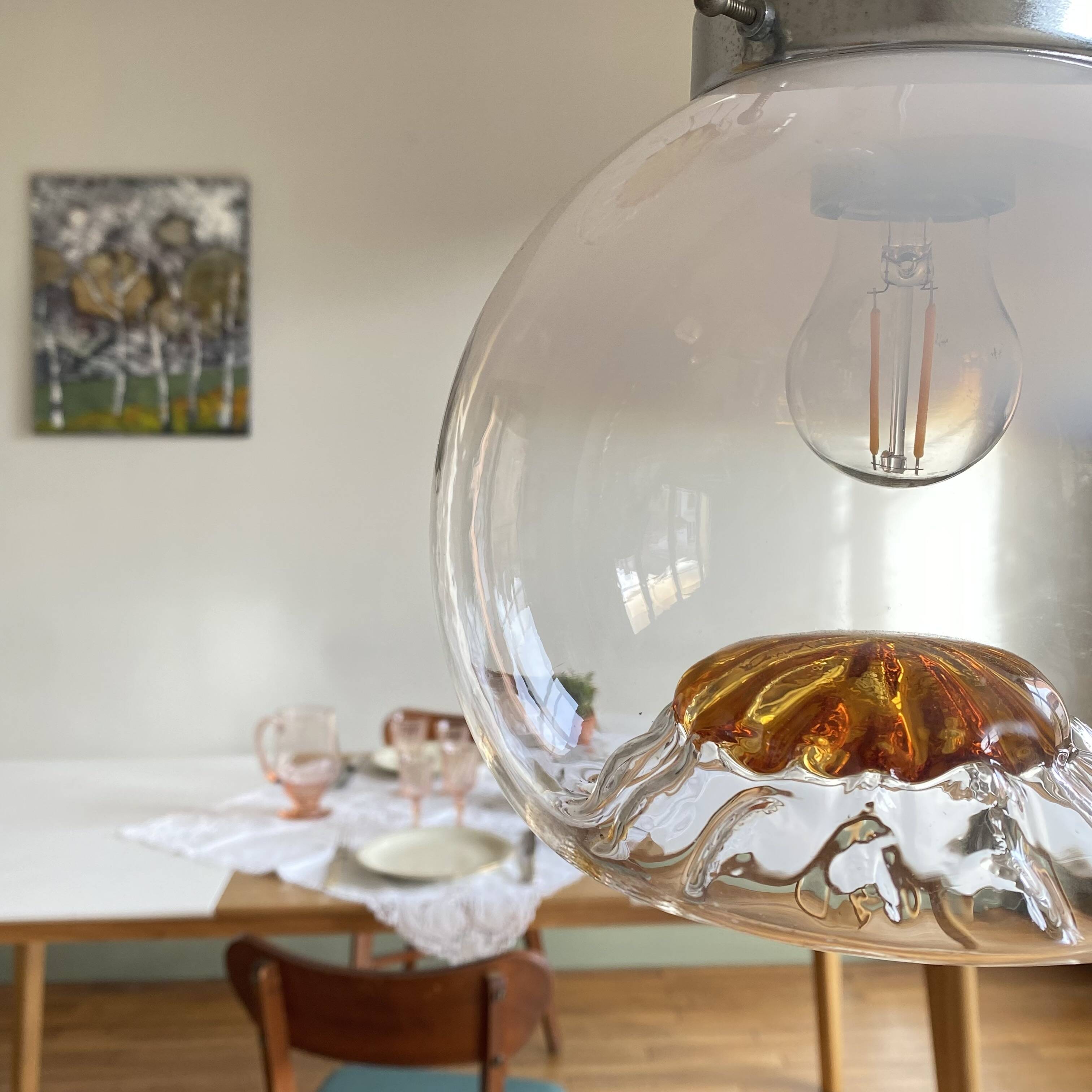 Lustre suspension cascade 3 glass globes Murano Mazzega