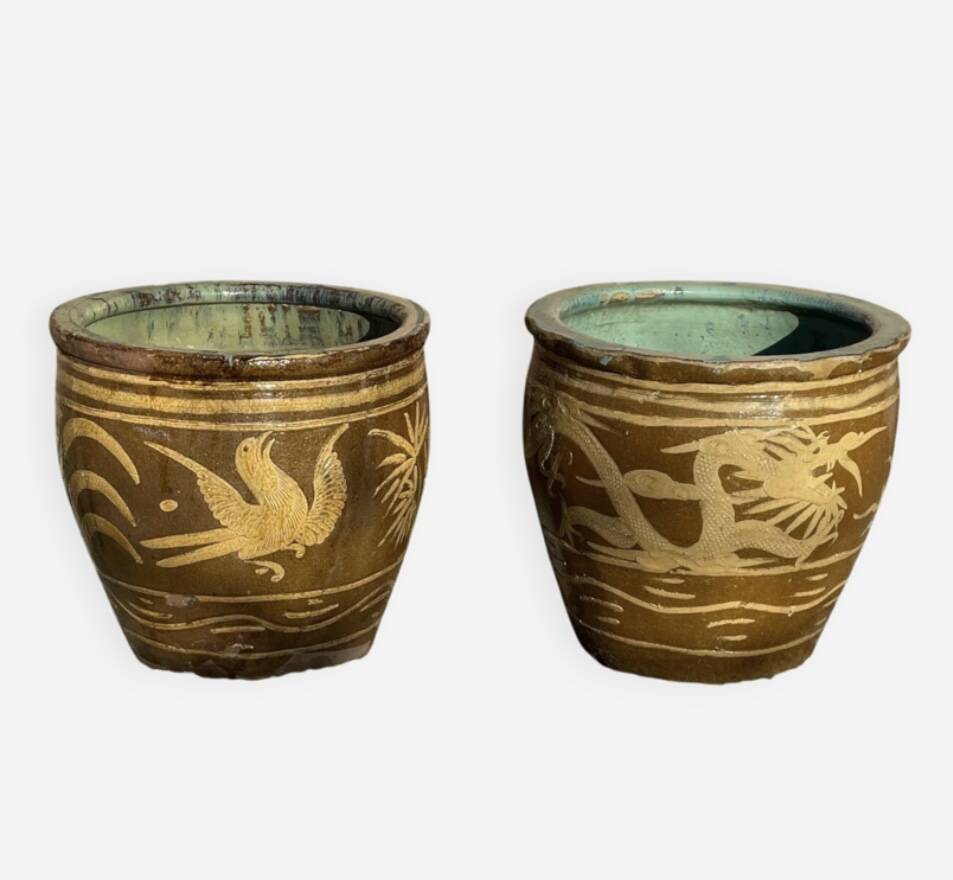 Two Antique Chinese Very Large Terracotta Dragon Plantation Pot...
