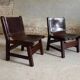 Pair of brutalist armchairs in wood and leather, 1970