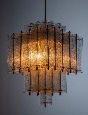 Chandelier in brass and structured ice glass, 1950s, Austria