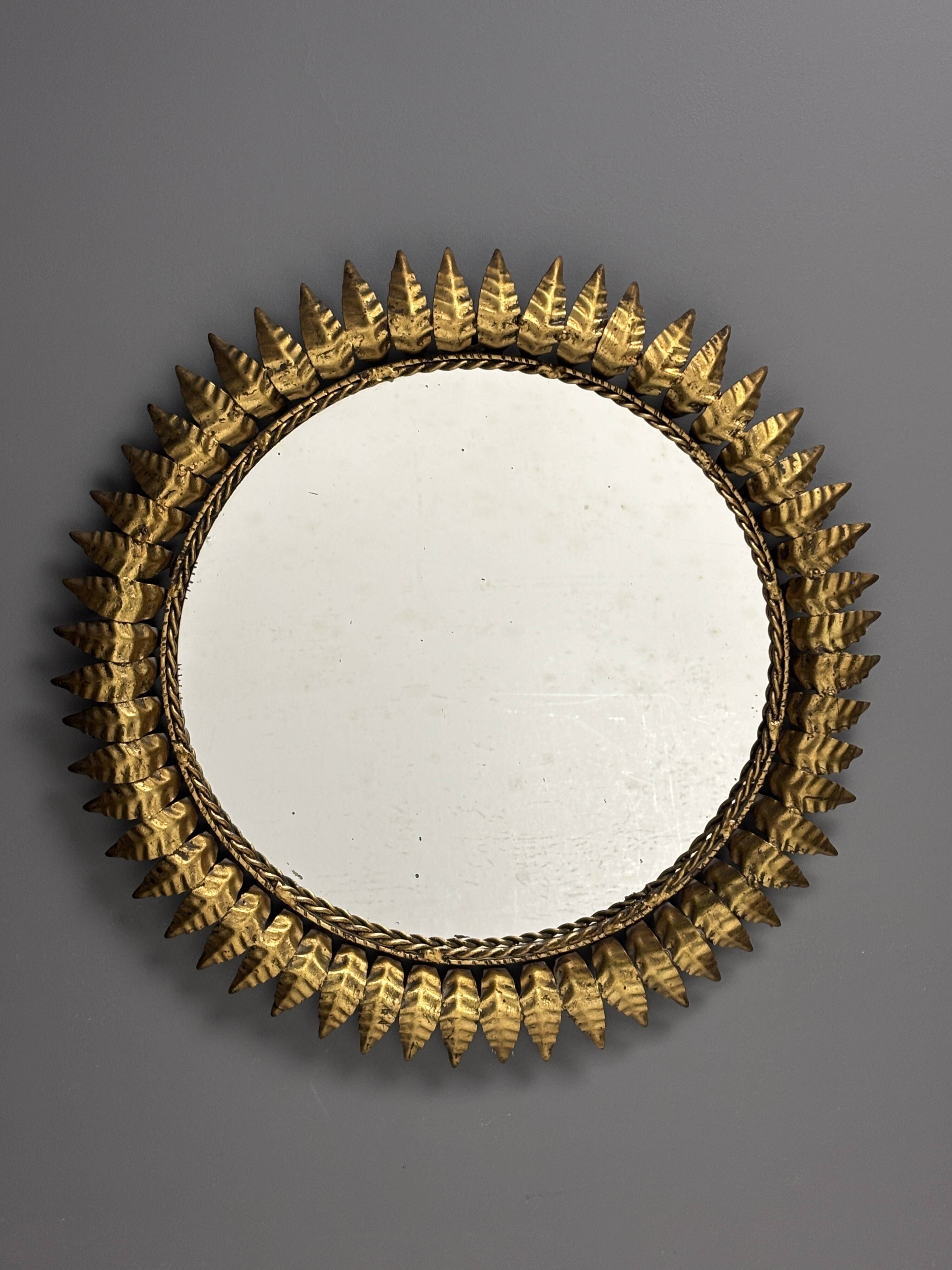 Midcentury bohemian Hollywood Regency Spanish gilt metal sun mirror, 1960s