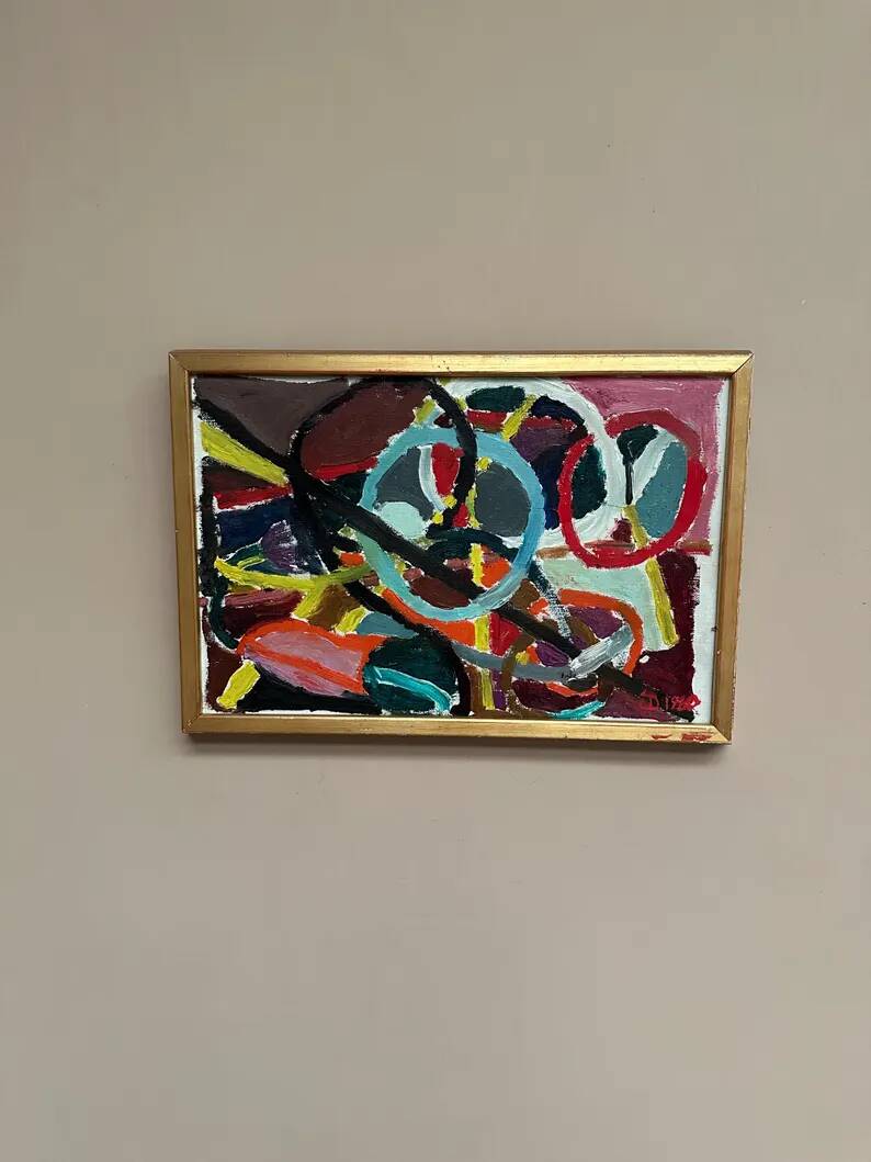 Original Swedish Oil on Canvas – “Abstract Composition” – Signed – Dated 1960 – Vintage & Framed – 44.5 × 31 cm (17.5" × 12.2")
