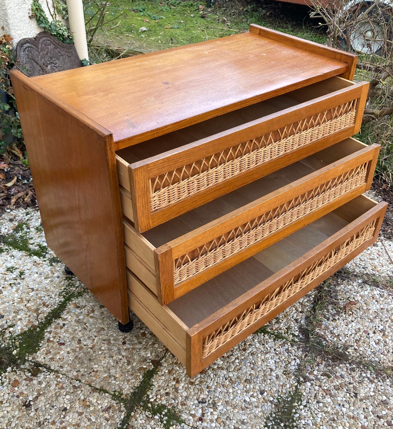 Rattan chest of drawers and vintage wood