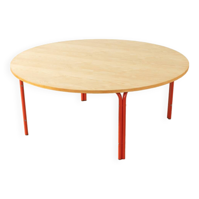 Table basse en placage de frêne et tubes d'acier rouge, années 1980