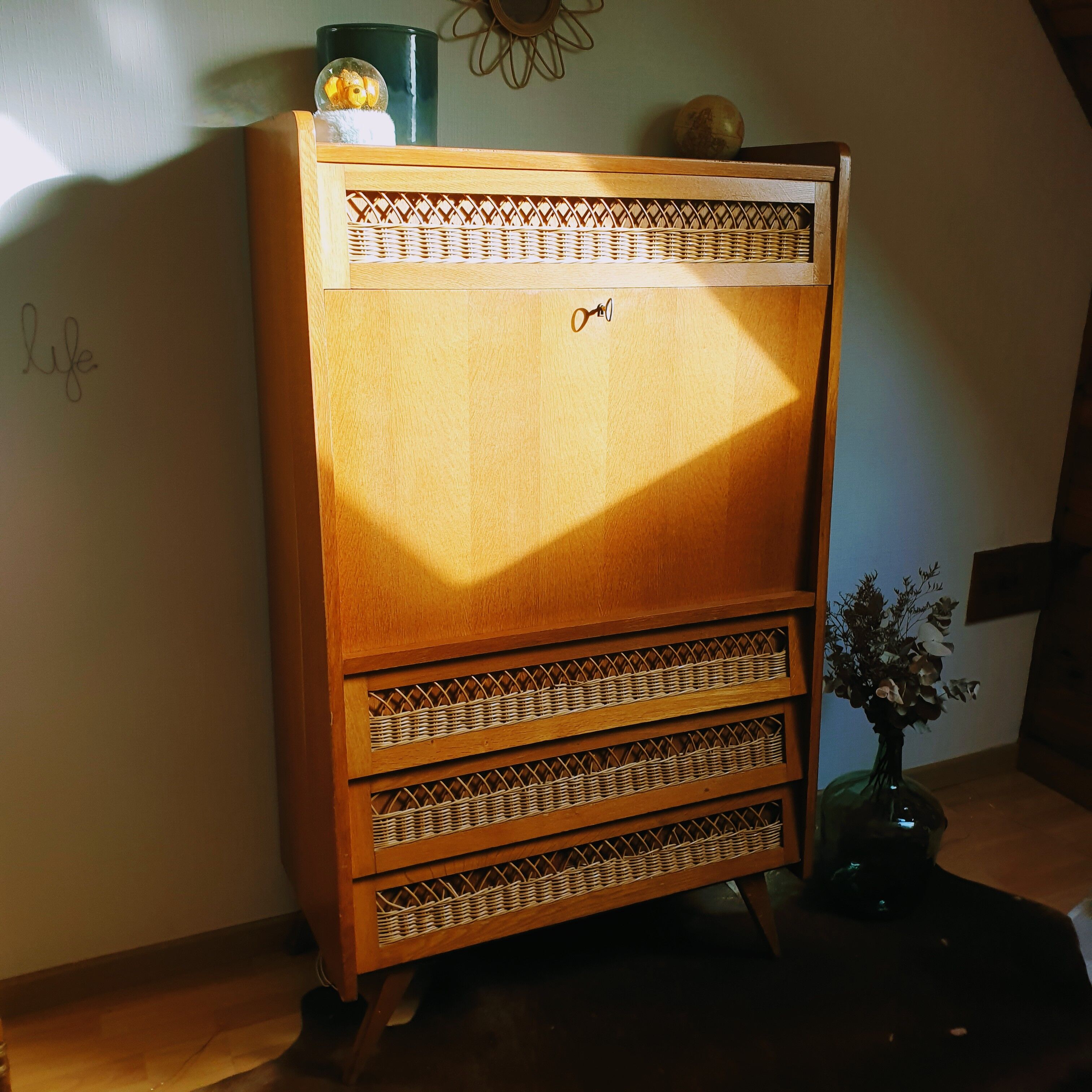 Vintage secretary rattan chest of drawers